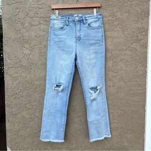 RFM light wash high waisted distressed straight jeans, women’s size 28
